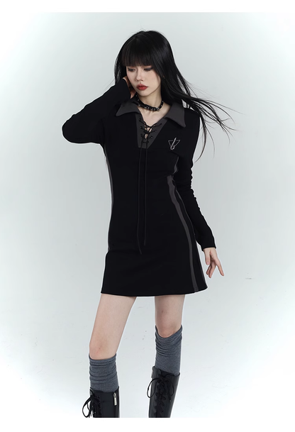 New Fashion Design Sense Short Black Long-sleeved Dress TP2935
