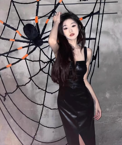 Simple Black Split Dress Design A-line Sleeveless Spaghetti Strap Leather Dress TP3296