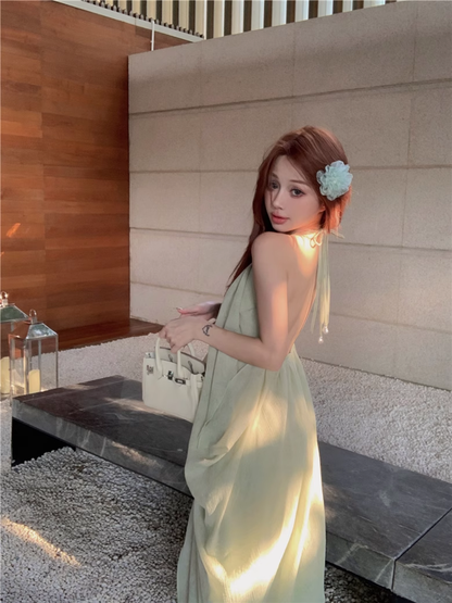 New Fashion Light Green Beach Holiday Casual Loose Halter Dress TP2998