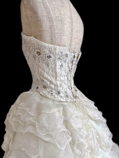Vintage Ivory Strapless Ruffled Tulle Beaded A-Line Wedding Dress TP5492