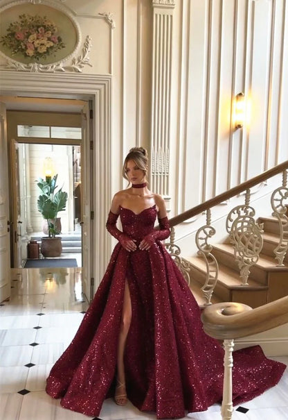 Vintage Sweetheart Burgundy Shiny Sequin Strapless Design A-Line Evening Dress Prom Dress TP4127