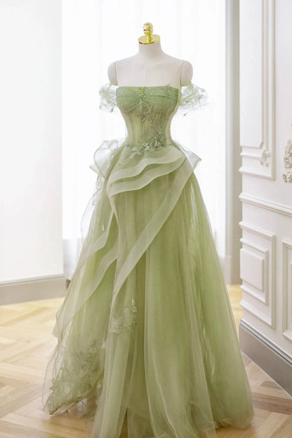 Glamorous Sage Green Off-the-Shoulder Ball Gown with Corset Bodice and Tiered Tulle Skirt TP5759