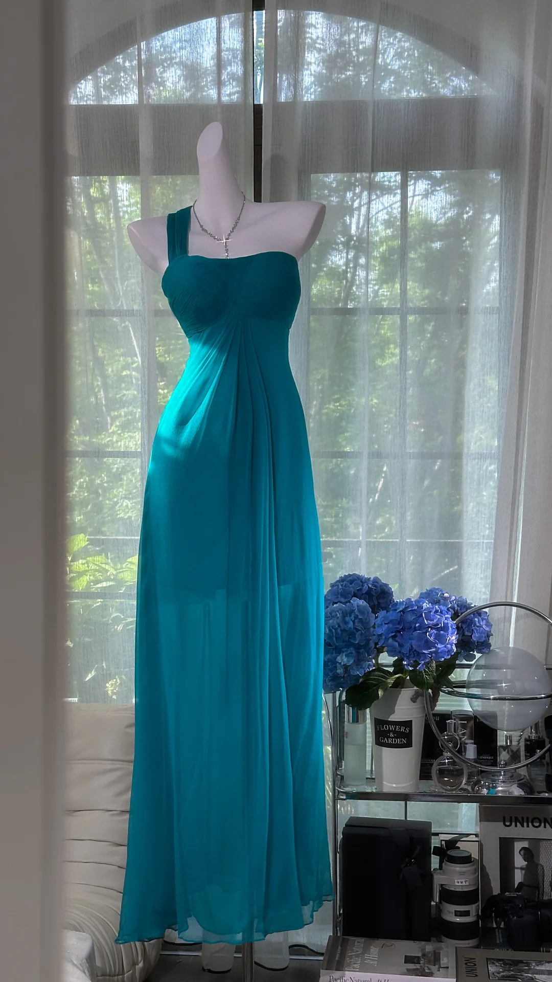Vintage-Inspired Blue One-shoulder Prom Dress Sheath Chiffon Evening Gown TP5137