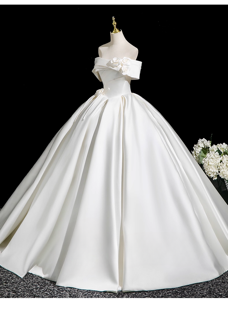 Glamorous White Satin 3D Flowers Wedding Dress A-Line Off-the-shoulder Bridal Gown TP5211