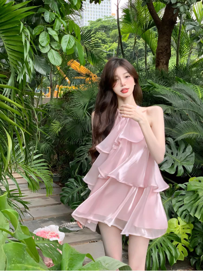 Stylish Pink Patchwork Ruffled Sleeveless Seaside Holiday Halter Dress TP2986