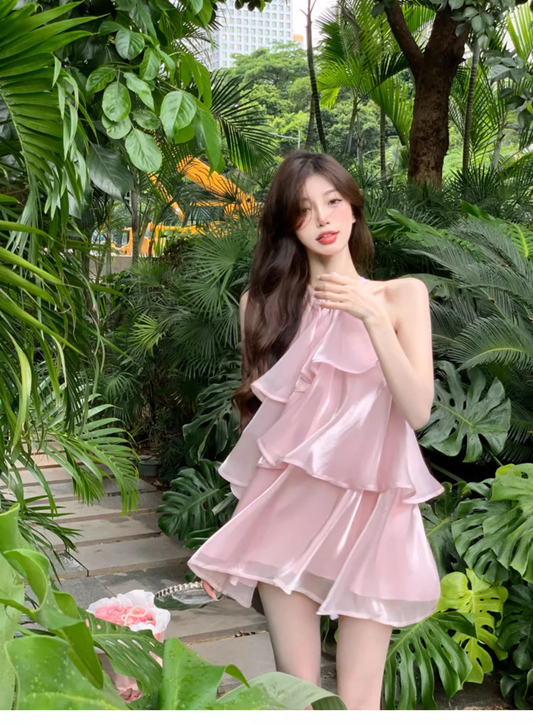 Stylish Pink Patchwork Ruffled Sleeveless Seaside Holiday Halter Dress TP2986