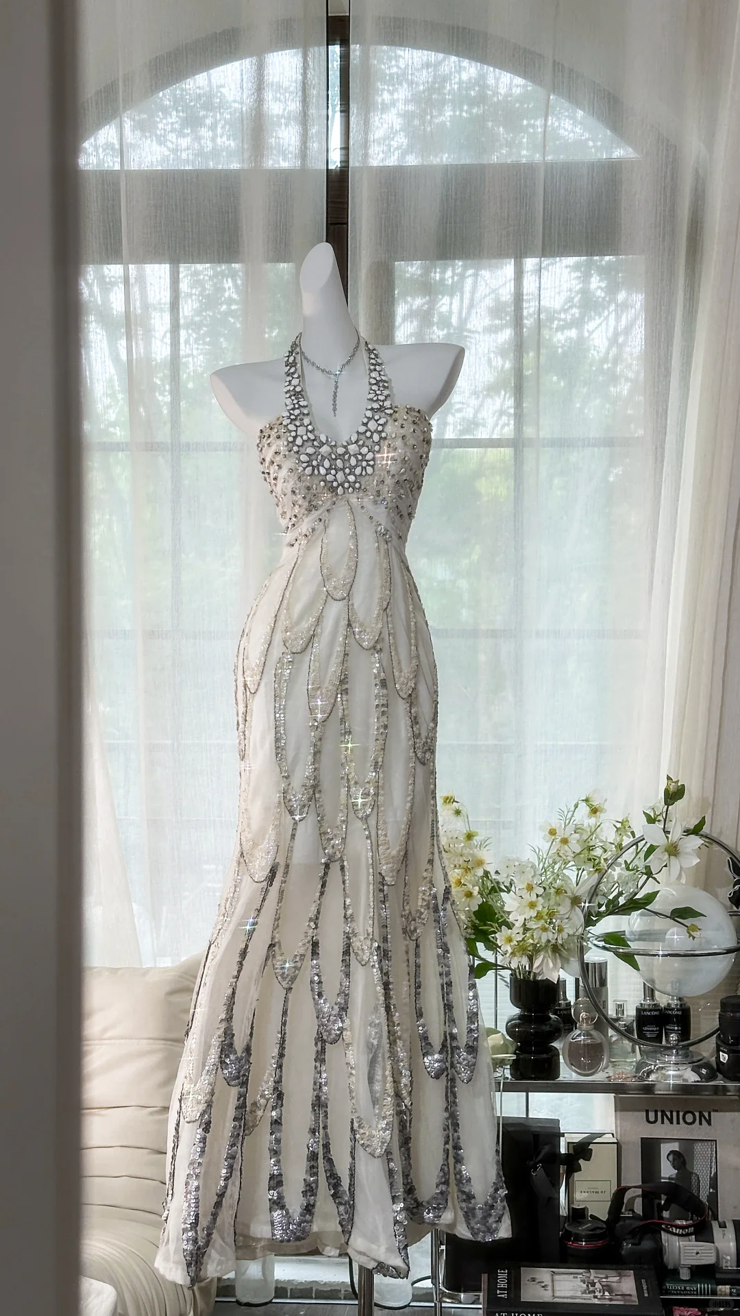 Vintage White Beaded Sparkling Long Chiffon Spaghetti Strap Romantic Ball Gown Evening Dress Prom Dresses TP3963