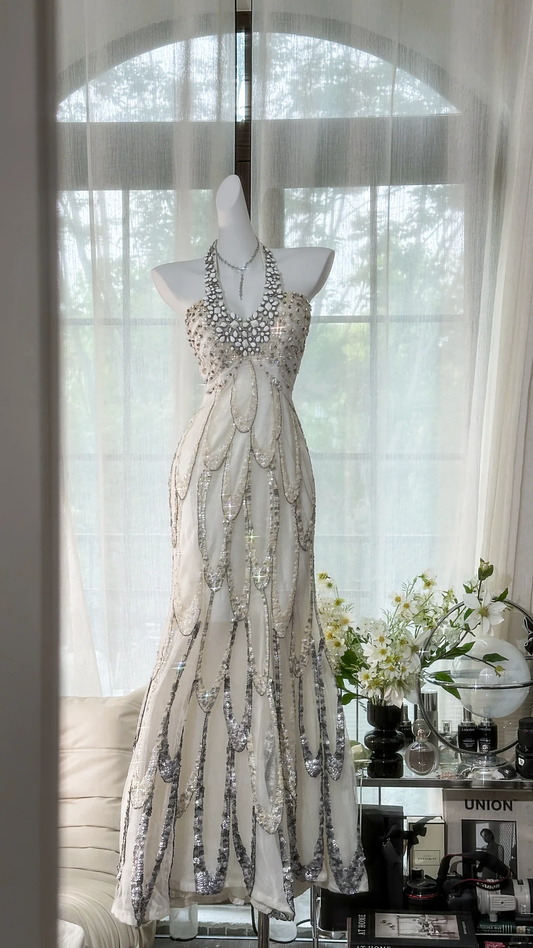 Vintage White Beaded Sparkling Long Chiffon Spaghetti Strap Romantic Ball Gown Evening Dress Prom Dresses TP3963