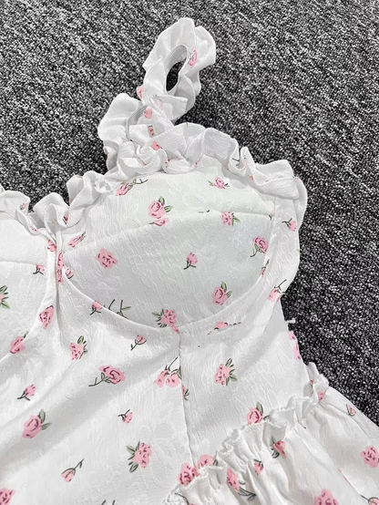 New Fashion Pink Floral Design A-line Sleeveless Spaghetti Strap Tiered Dress TP3291