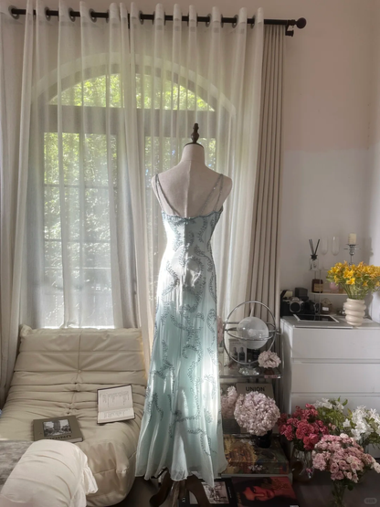 Retro Light Green Sparkling Beaded Spaghetti Strap Design Elegant Chiffon Evening Dress Prom Dress TP3992