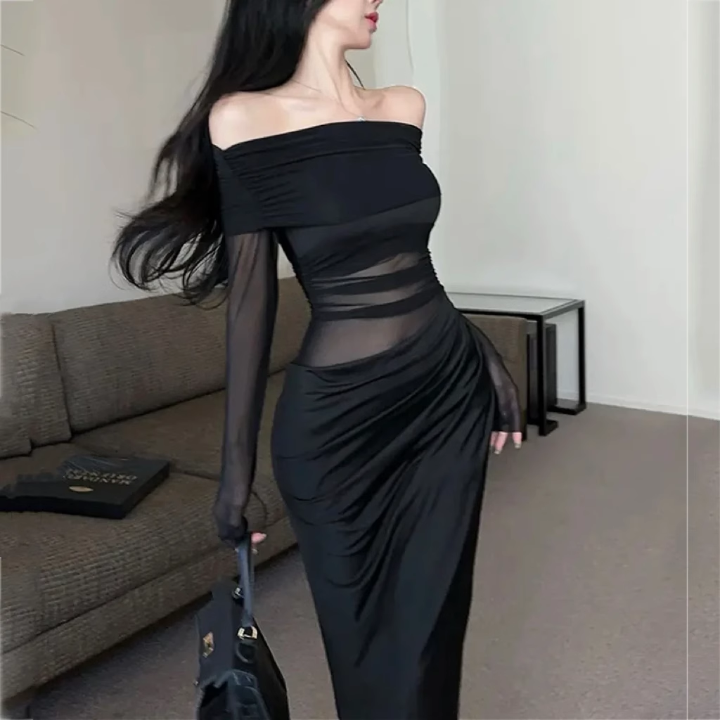Simple Fashion Black Mesh Long-sleeved Dress TP2902