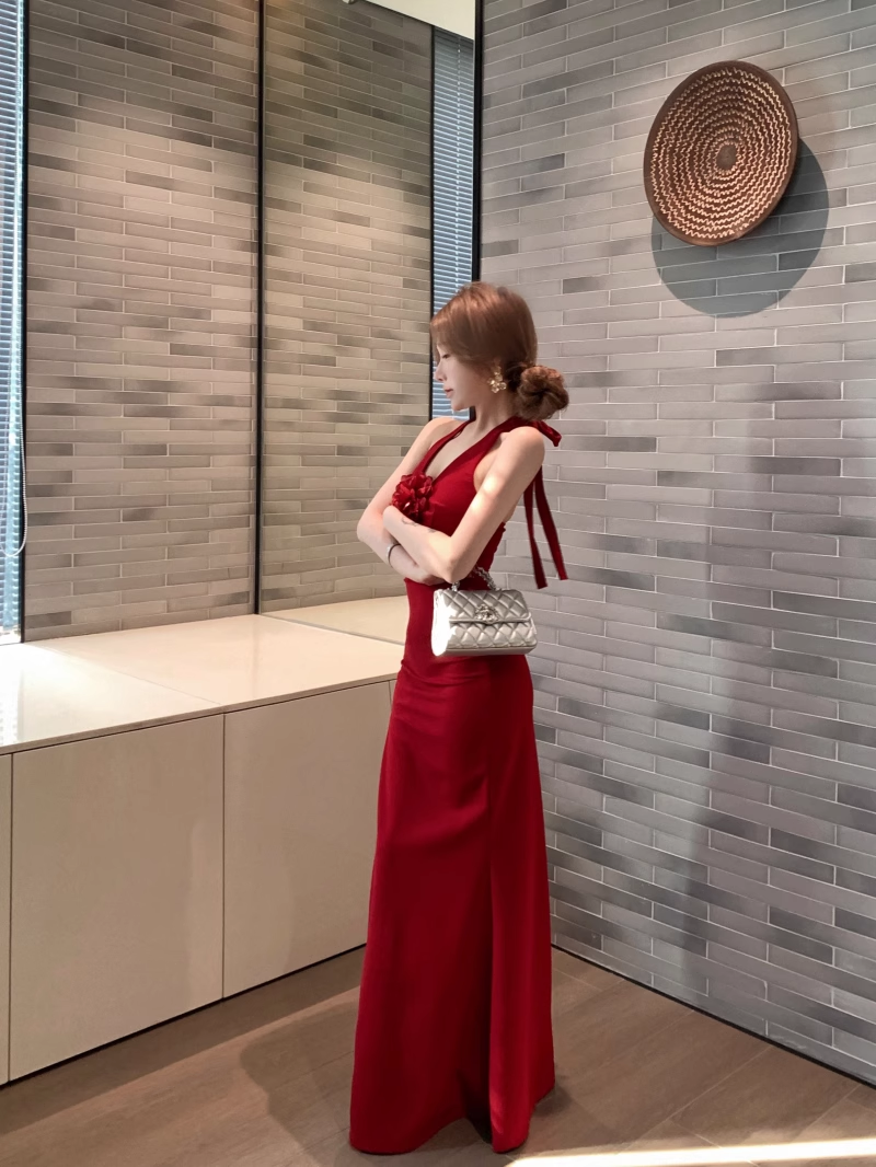 Simple Wine Red Rose Design Split Dress Long A-line Halter Dress TP3312