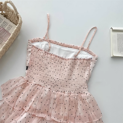 Simple Polka dot Pattern Design A-line Sleeveless Spaghetti Strap Tiered Dress TP3290