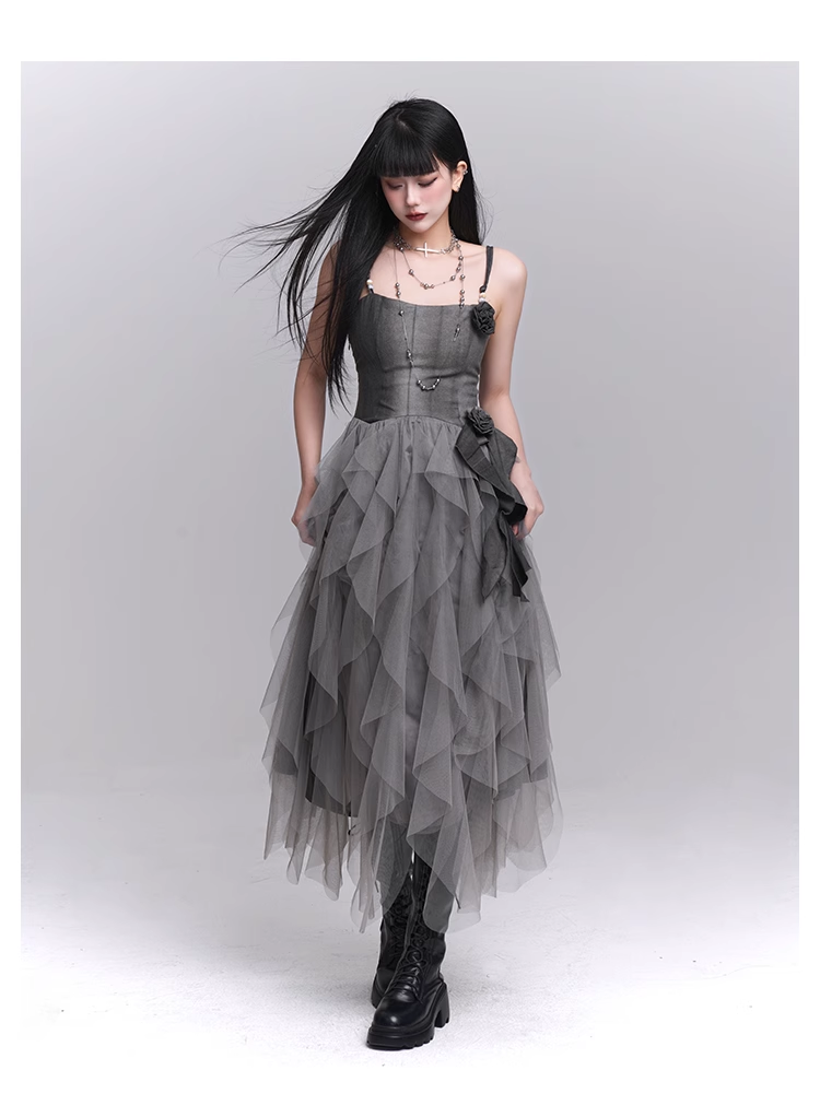 Simple Fashion Gray Rose Flower Design Women Spaghetti Strap Dress TP2943
