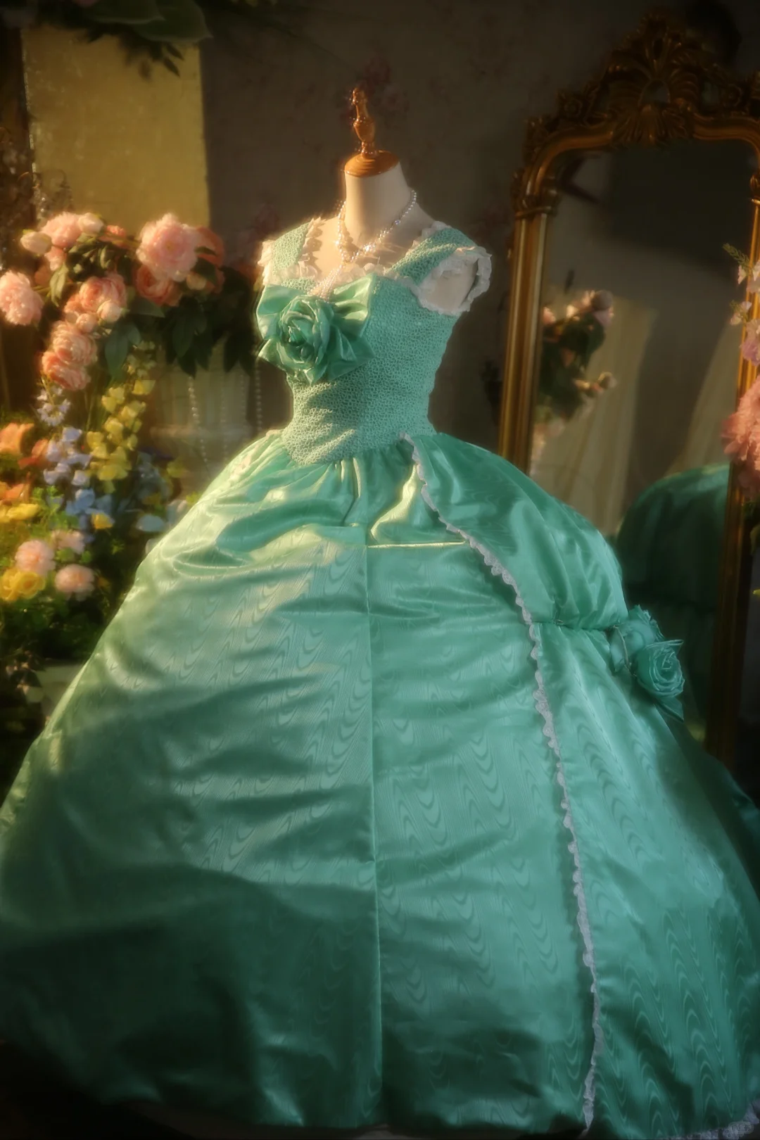 Vintage Turquoise Satin 3D Rose Applique Lace-Trimmed  Sweet 15 Quinceanera Ball Gown TP5513