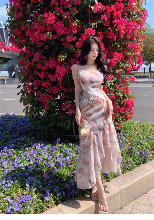 New Fashion Elegant Floral Design Mermaid Spaghetti Strap Dress TP3021