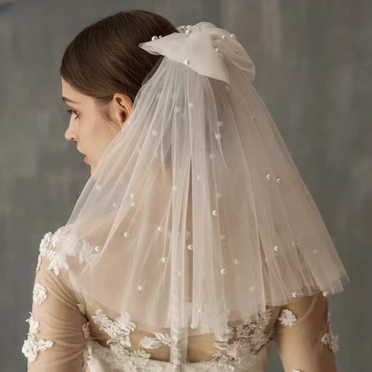 Vintage Ivory Tulle Bridal Veil Large Bow Pearl-Beaded Short-Mid Wedding Veil TP5623
