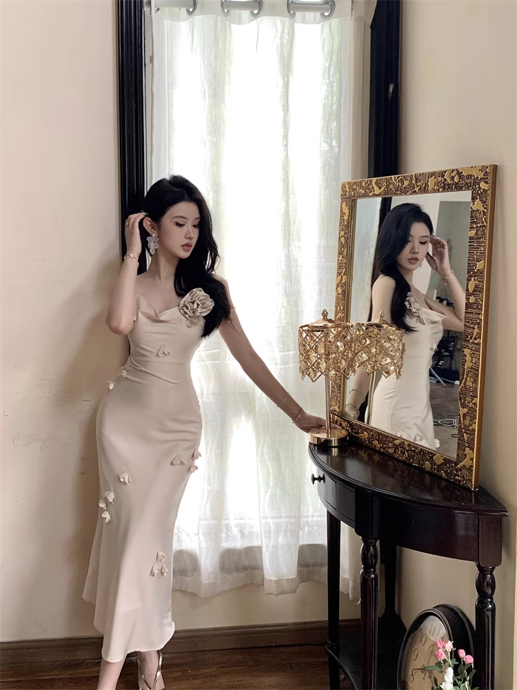 New Elegant Three-dimensional Floral Decoration Slim Mermaid Spaghetti Strap Dress TP2969