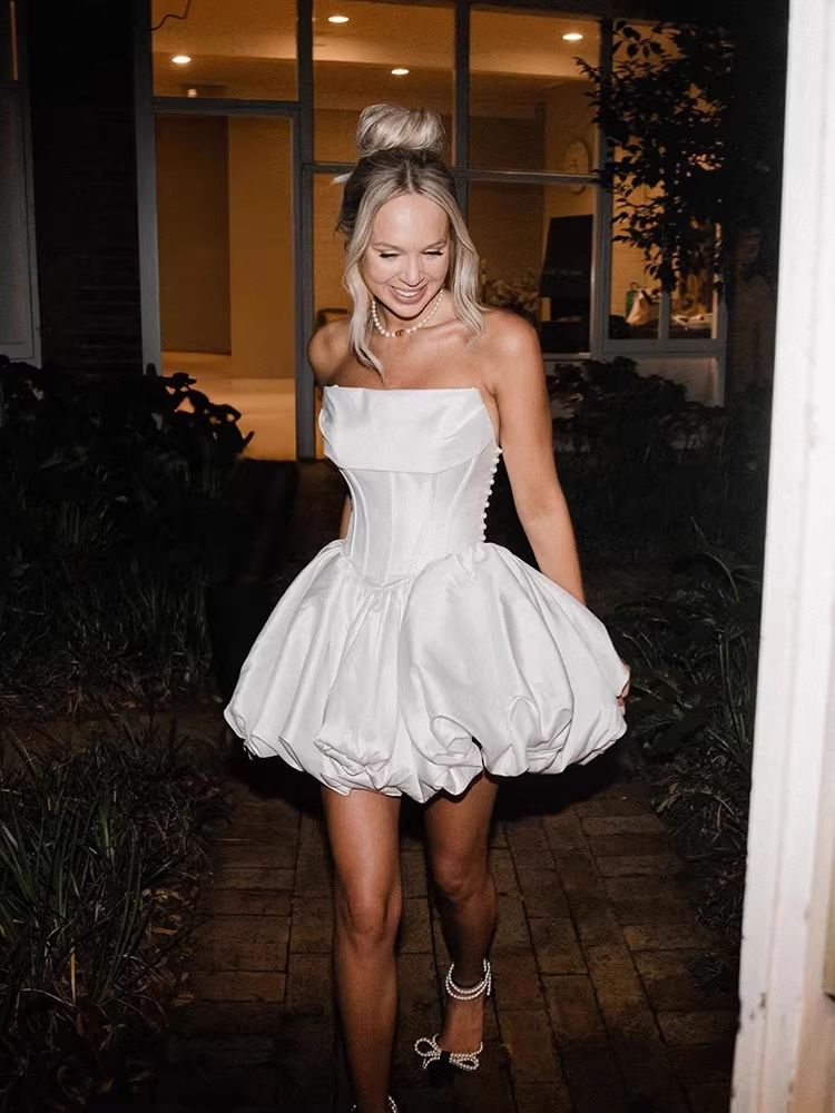 Retro White Satin Strapless Corset Mini Puffy Homecoming Dress Cocktail Dress TP5612