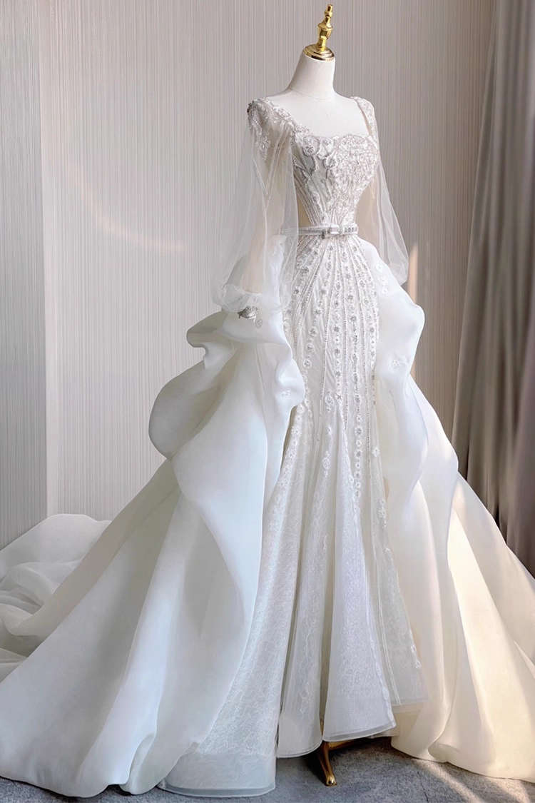 Elegant White Glittering Beaded Mermaid Long Wedding Dress TP5019