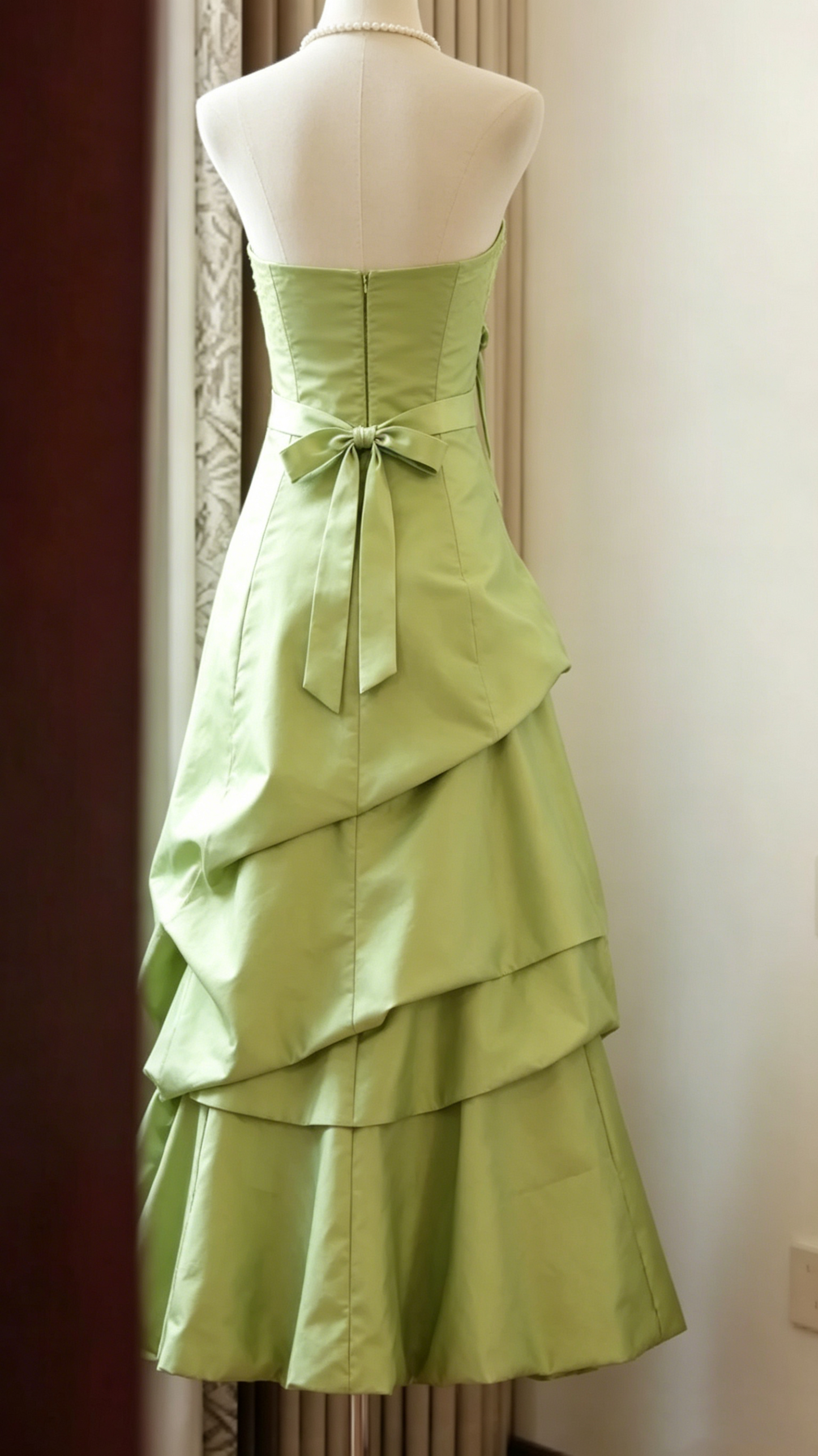 Vintage Olive Green Strapless Lace Bodice Draped Satin Prom Dress TP5839