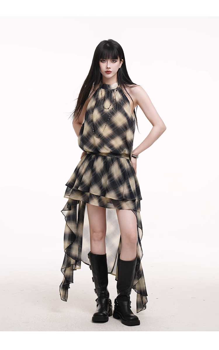 Simple Fashion Leopard Print Plaid Style Halter Dress TP2955