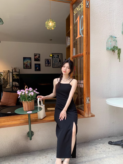 Elegant Fashion Black Sleeveless Spaghetti Strap Dress TP2975