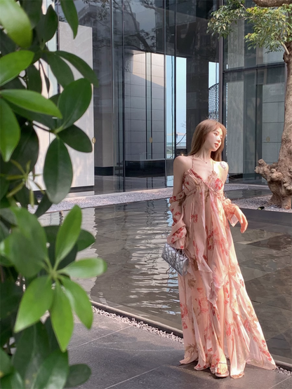 Fashion Pink Off-the-shoulder Design A-line Floral Dress TP3427