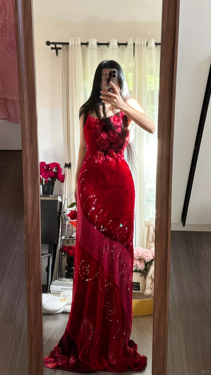 Vintage Red Sparkling Sequin Spaghetti Strap Design Elegant Chiffon Evening Dress Prom Dresses TP3989