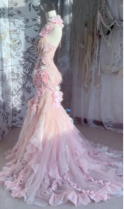 Vintage Pink Mermaid 3D Floral Tulle Fairy Dress Evening Gown TP5423