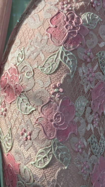 Vintage Gorgeous Pink Floral V-neck Applique Elegant Chiffon Long Evening Dress Prom Dresses TP4150