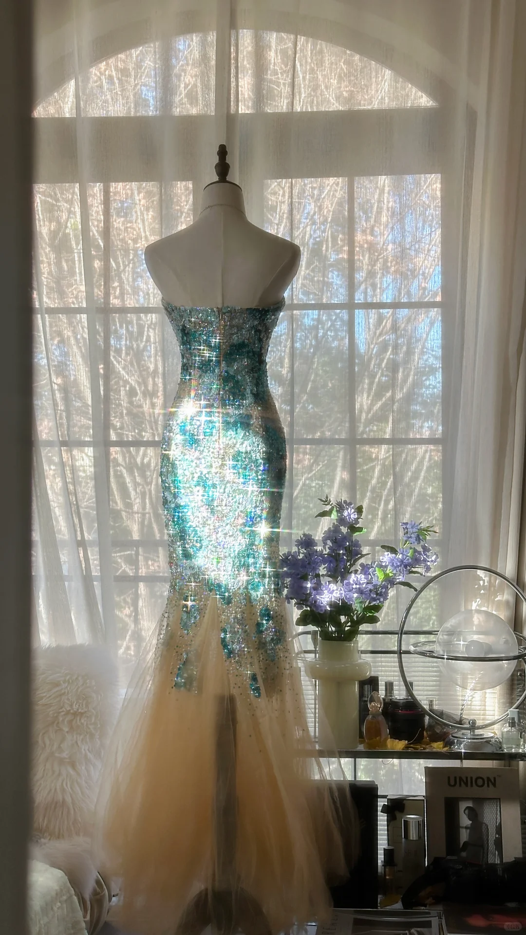Gorgeous Mermaid Blue-green Sparkling Strapless Elegant Beaded Chiffon Evening Dress Prom Dress TP3976