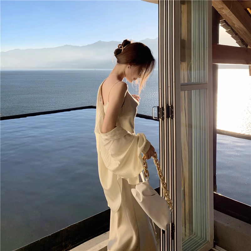 New Simple Design A-line Satin Sleeveless Spaghetti Strap Dress TP3277