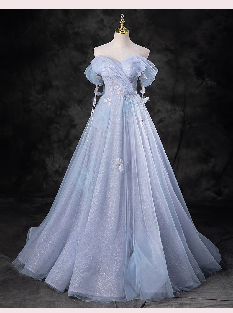 Elegant Sky Blue Applique Sweet 16 A-Line Sweetheart off-the shoulder Tulle Quinceanera Ball Gown TP5202