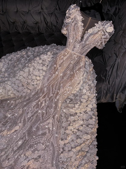 Vintage 3D Floral Lace Applique Sparkle Embroidered Tulle Evening Gown TP5395