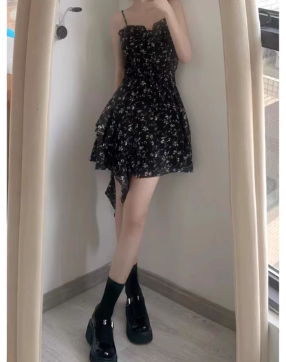 New Fashion Floral Design A-line Black High-waist Sleeveless Spaghetti Strap Dress TP3258