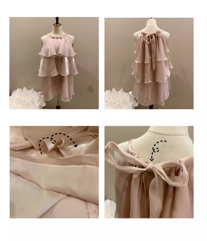 Stylish Pink Patchwork Ruffled Sleeveless Seaside Holiday Halter Dress TP2986