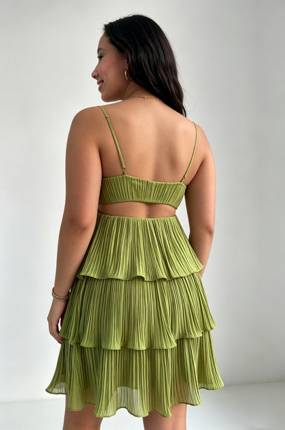 Cute Olive Green Spaghetti Strap V-Neck Tiered Pleated Chiffon A-Line Homecoming Dress TP6018