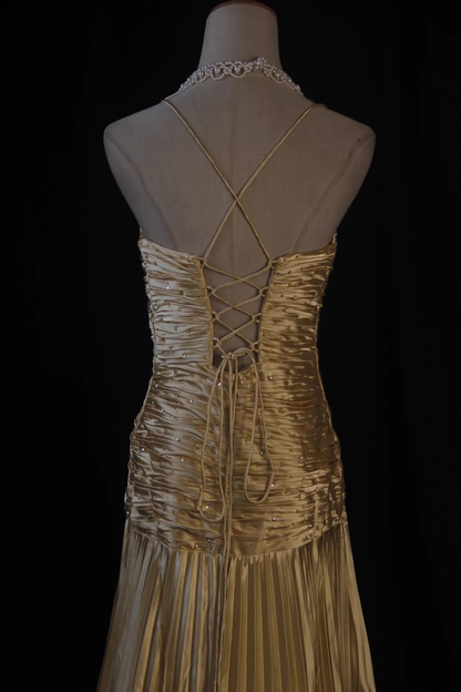 Glamorous Gold Satin Spaghetti Strap Pleated Evening Gown with Train TP5677