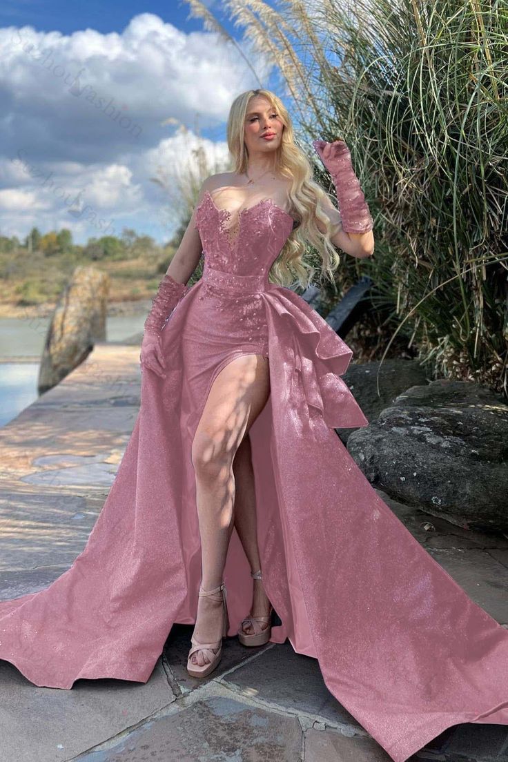 Vintage Sparkly Blush Pink Strapless Evening Gown with High Slit & Train Prom Dress TP5571