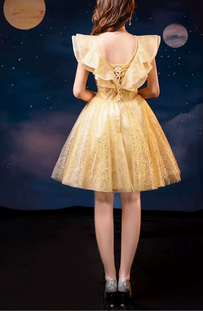 Elegant Golden Ruffle V‑Neck Tulle 3D Floral Appliques A-Line Homecoming Dress TP6103