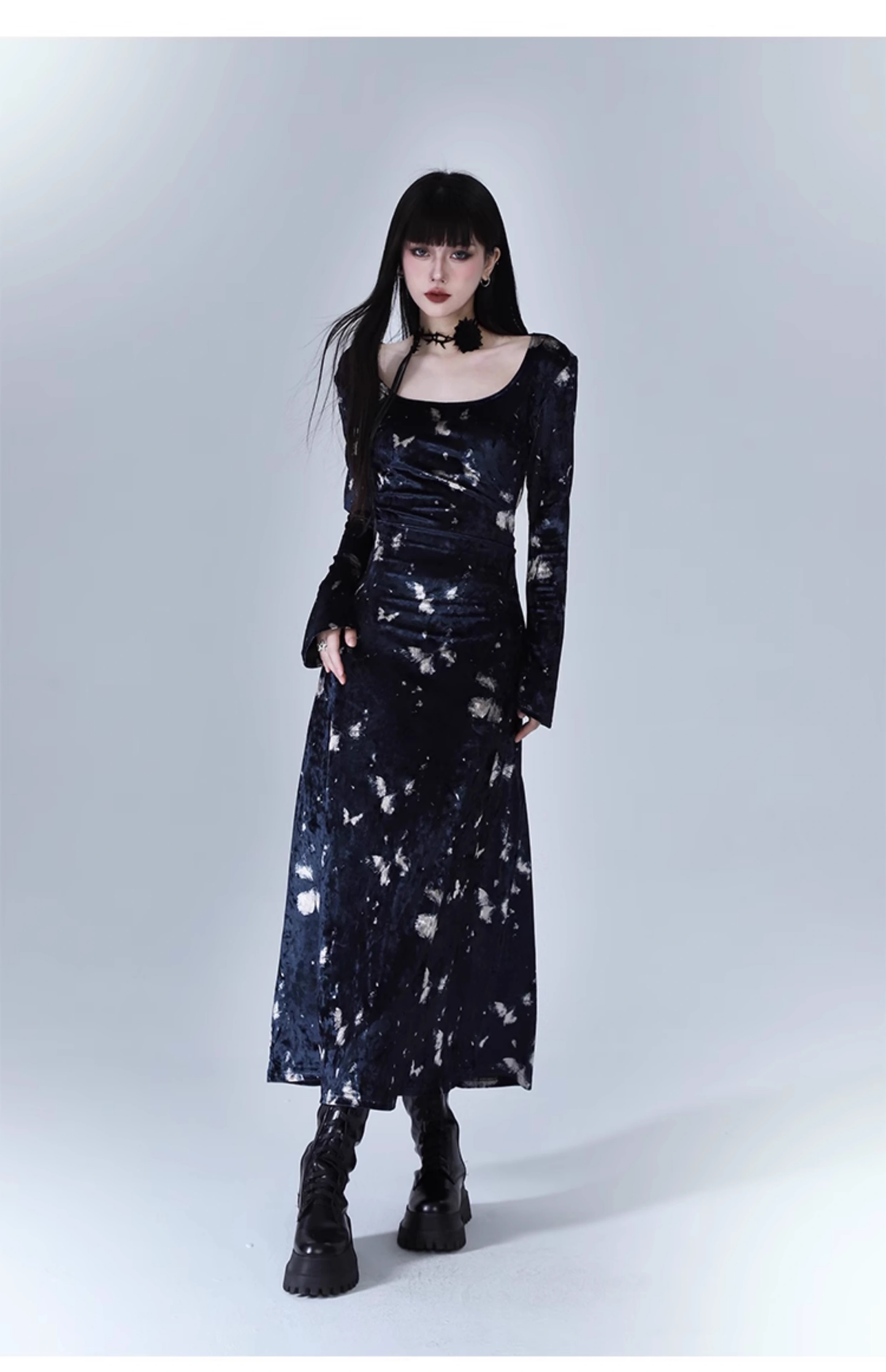 New Fashion Butterfly Pattern Design Sense Navy Blue Long-sleeved Dress TP2939