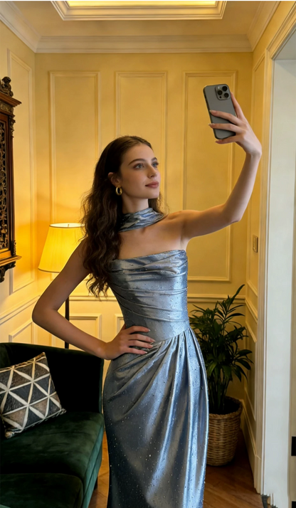 Vintage Sparkling Mermaid Halter-Neck Satin Ruched Prom Dress TP5879