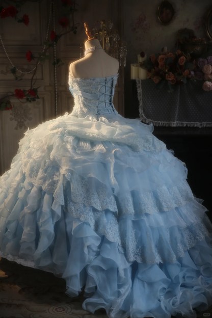 Gorgeous Light Blue Strapless Ruffled Lace Sequin Sweet 15 Quinceanera Ball Gown TP5517
