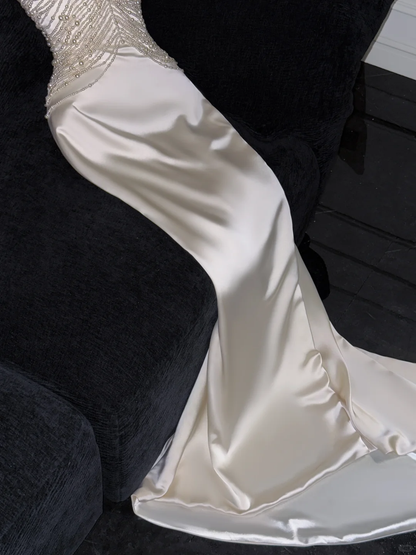 Elegant Ivory Sweetheart Satin Beaded Design Gorgeous Mermaid Floor-length Wedding Dress TP4169