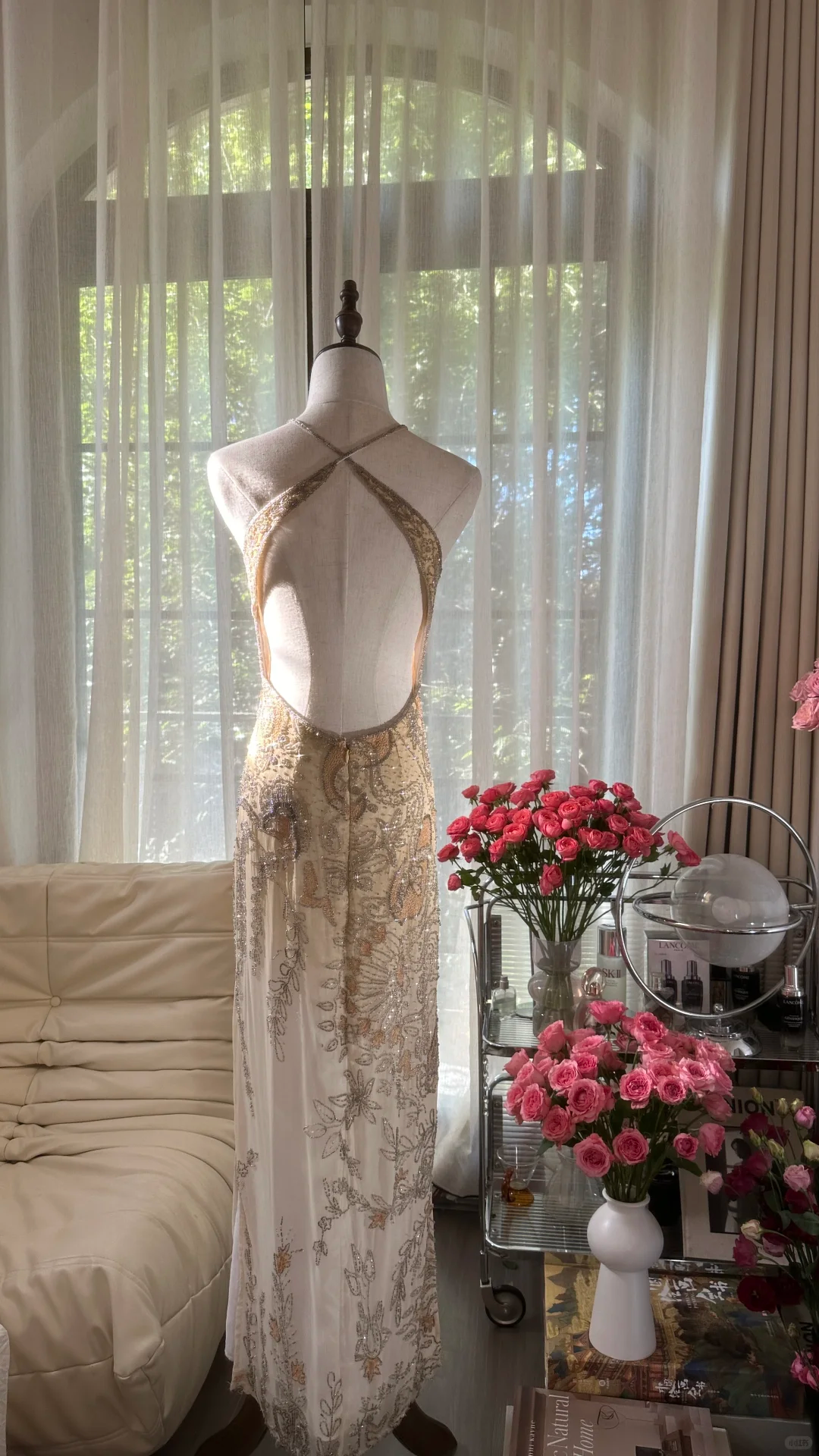 Retro Golden Sparkling Beaded Halter Dress Elegant Chiffon Evening Dress Prom Dresses TP3986