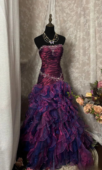 Glamorous Purple Ombre Strapless Ruffled Beaded Sweet 16 Quinceanera Ball Gown TP5569