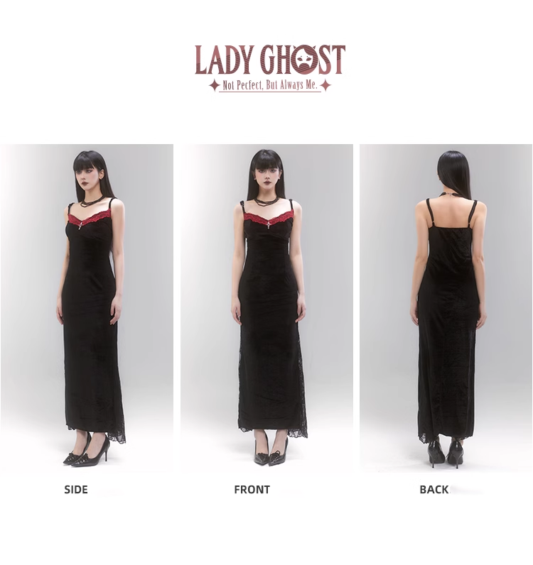 Simple Fashion Black Velvet Red Lace Spaghetti Strap Dress TP2956