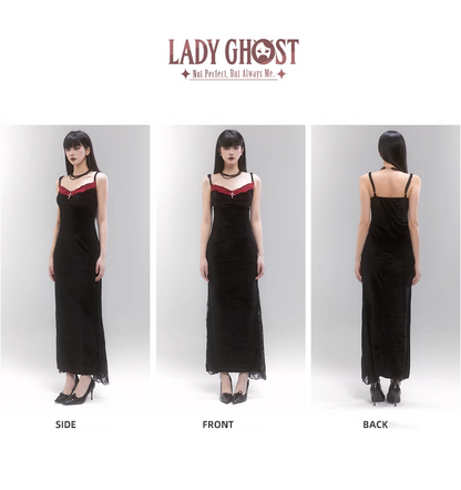 Simple Fashion Black Velvet Red Lace Spaghetti Strap Dress TP2956
