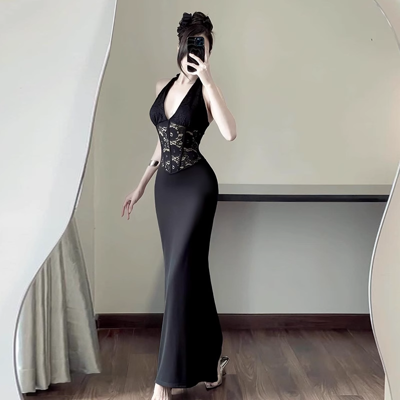Women New Fashion Black Gauze Satin Halter Dress TP2870